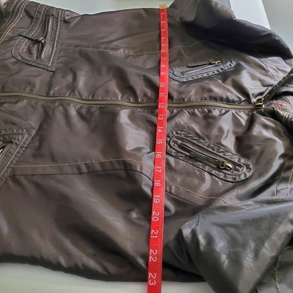 Brown Tulle Trim Moto Jacket Size XL Raw Edge Lined Retro Zipper Pockets Biker - Picture 10 of 15